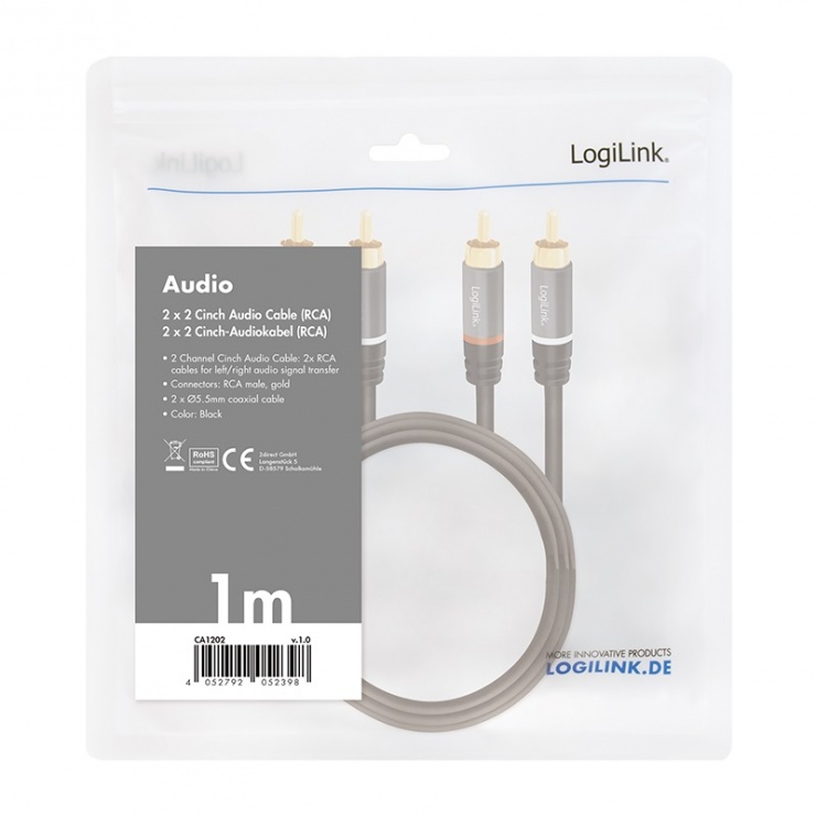 Imagine Cablu 2 x RCA la 2 x RCA T-T 1m Negru, Logilink CA1202